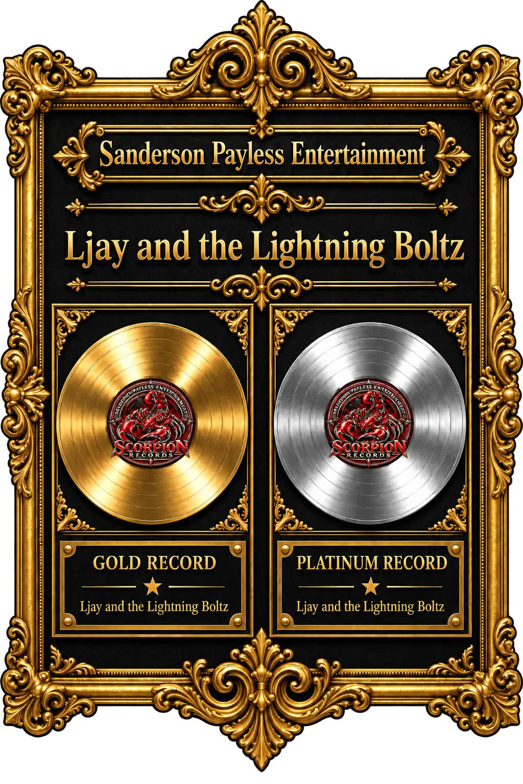 Ljay and the Lightning Boltz gold and platinum record display